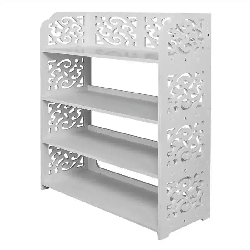 Karl Home | Scarpiera a quattro ripiani intagliata in legno-plastica bianca