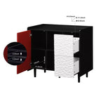 Mobile credenza buffet, Mobile contenitore nero con ante rosse, 2 cassetti con pannelli unici e 2 vani a giorno