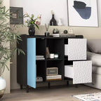 Mobile credenza buffet, Mobile contenitore nero con ante rosse, 2 cassetti con pannelli unici e 2 vani a giorno