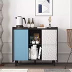 Mobile credenza buffet, Mobile contenitore nero con ante rosse, 2 cassetti con pannelli unici e 2 vani a giorno