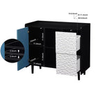 Mobile credenza buffet, Mobile contenitore nero con ante rosse, 2 cassetti con pannelli unici e 2 vani a giorno