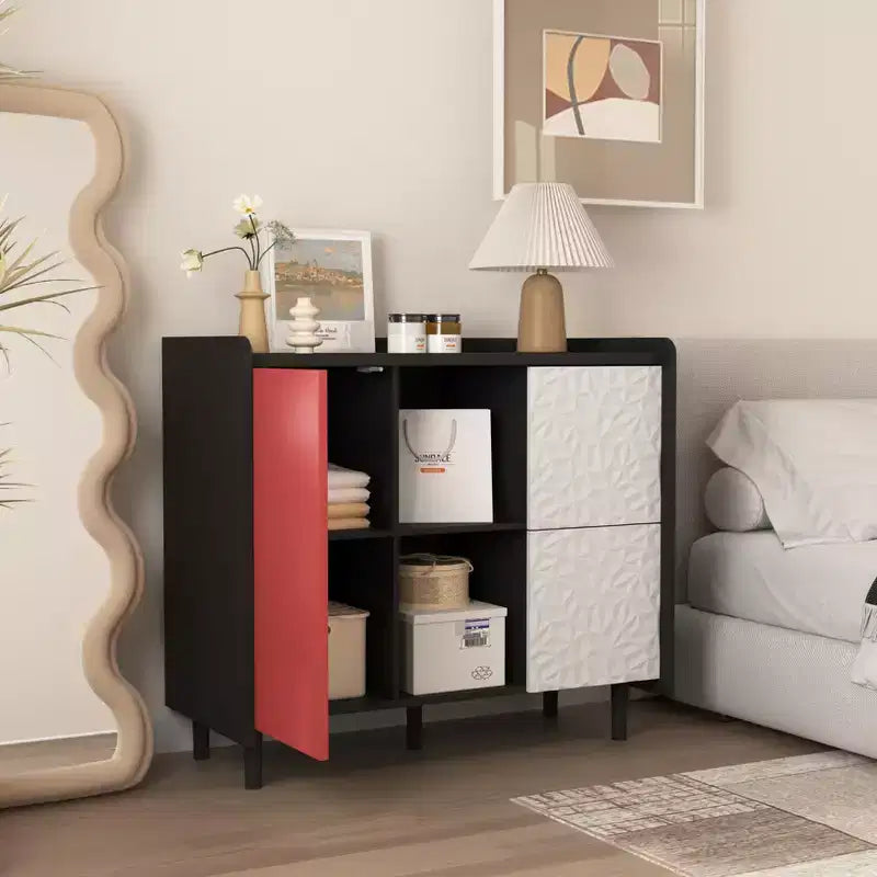 Mobile credenza buffet, Mobile contenitore nero con ante rosse, 2 cassetti con pannelli unici e 2 vani a giorno
