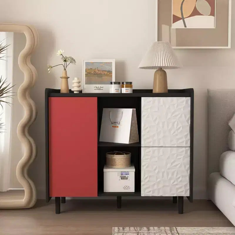 Mobile credenza buffet, Mobile contenitore nero con ante rosse, 2 cassetti con pannelli unici e 2 vani a giorno
