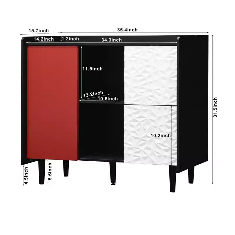 Mobile credenza buffet, Mobile contenitore nero con ante rosse, 2 cassetti con pannelli unici e 2 vani a giorno