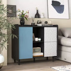 Mobile credenza buffet, Mobile contenitore nero con ante rosse, 2 cassetti con pannelli unici e 2 vani a giorno