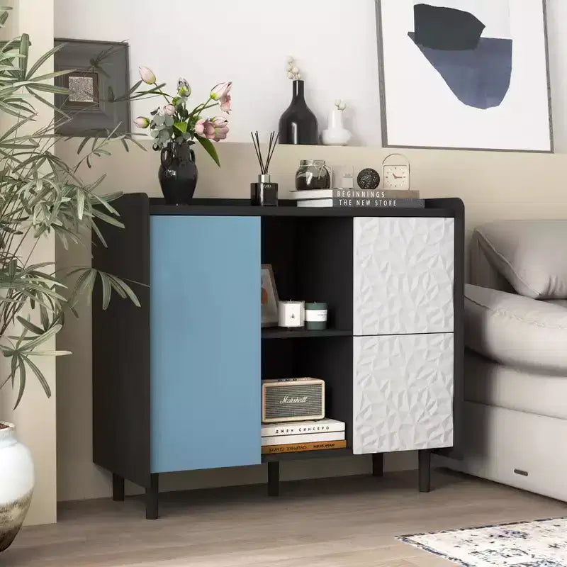 Mobile credenza buffet, Mobile contenitore nero con ante rosse, 2 cassetti con pannelli unici e 2 vani a giorno