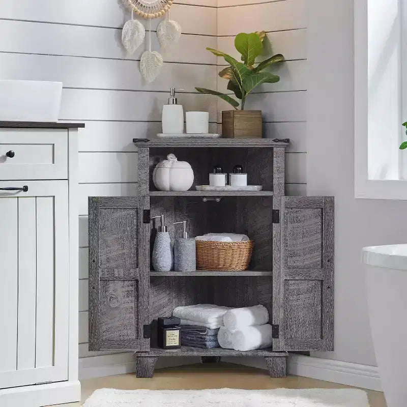 Mobiletto angolare da bagno con anta scorrevole e ripiano regolabile, piccolo mobile contenitore in stile rustico per bagno, soggiorno