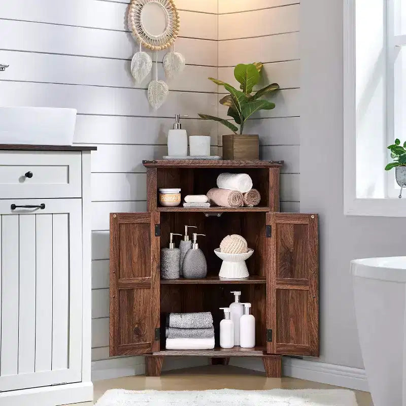 Mobiletto angolare da bagno con anta scorrevole e ripiano regolabile, piccolo mobile contenitore in stile rustico per bagno, soggiorno