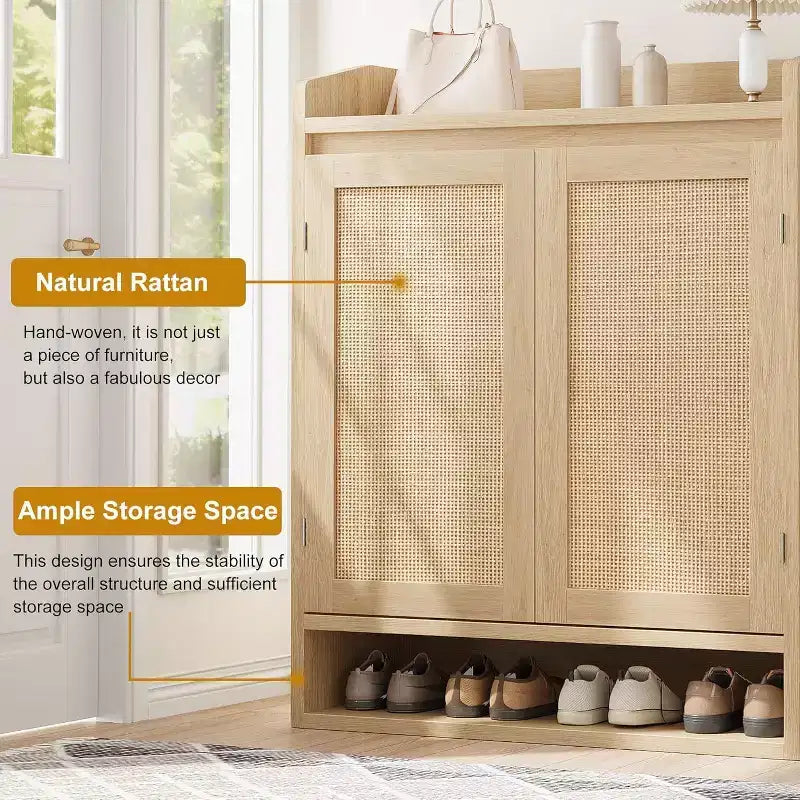 Acekool Scarpiera in Rattan con 2 Ante, 5 Ripiani Regolabili e Contenitore Antipolvere, Organizer per Ingresso