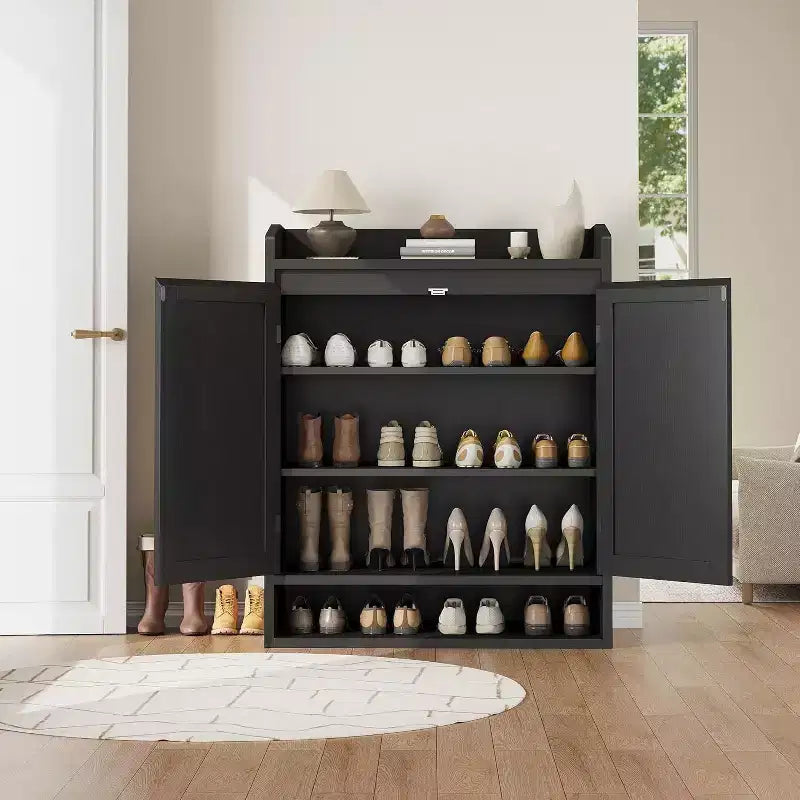 Acekool Scarpiera in Rattan con 2 Ante, 5 Ripiani Regolabili e Contenitore Antipolvere, Organizer per Ingresso