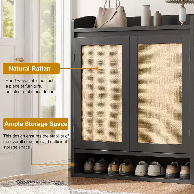 Acekool Scarpiera in Rattan con 2 Ante, 5 Ripiani Regolabili e Contenitore Antipolvere, Organizer per Ingresso