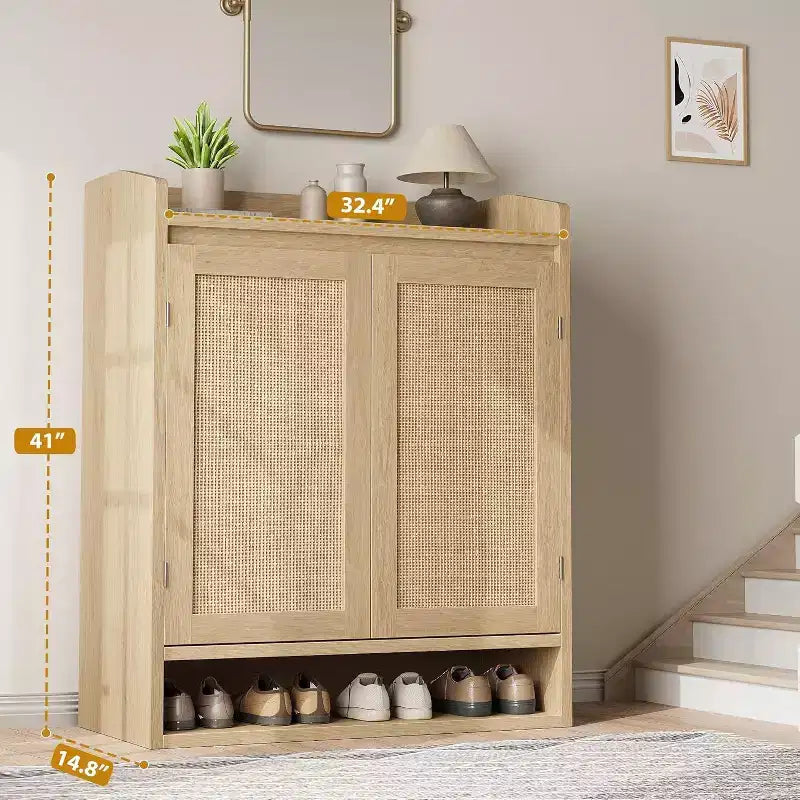 Acekool Scarpiera in Rattan con 2 Ante, 5 Ripiani Regolabili e Contenitore Antipolvere, Organizer per Ingresso