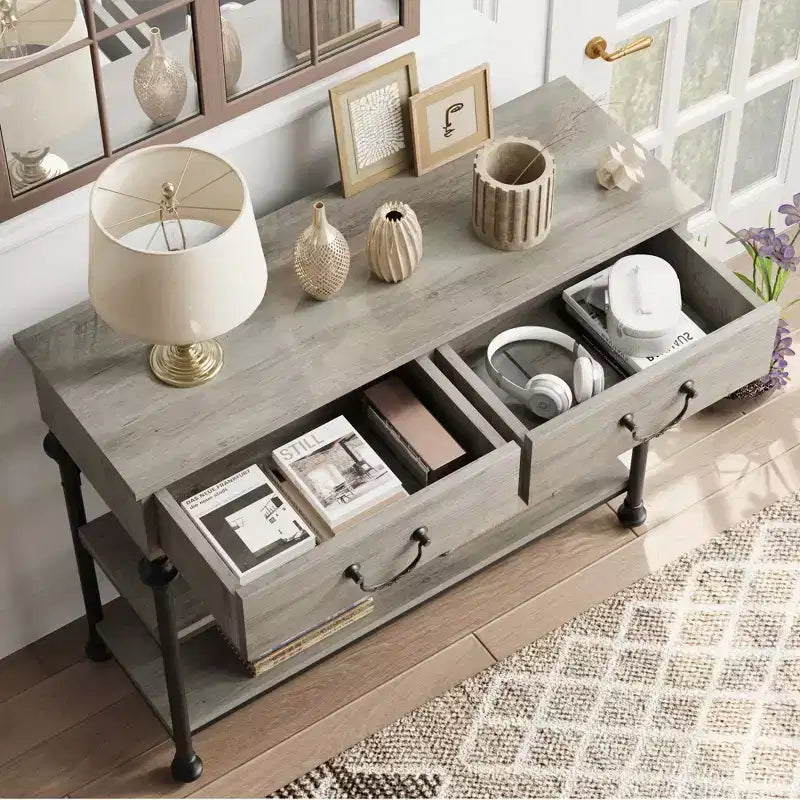 Whizmax Tavoli Consolle per Ingresso, Tavolino da Ingresso Piccolo con 2 Cassetti, Tavolo Consolle Stretto con Ripiani Portaoggetti per Soggiorno