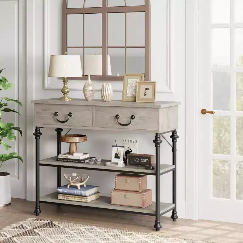 Whizmax Tavoli Consolle per Ingresso, Tavolino da Ingresso Piccolo con 2 Cassetti, Tavolo Consolle Stretto con Ripiani Portaoggetti per Soggiorno
