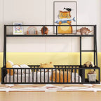 Okak Letto a soppalco in metallo, dimensioni singole/matrimoniali, letto studio con recinzione di sicurezza, scaffali portaoggetti e scrivania salvaspazio per camerette dei bambini