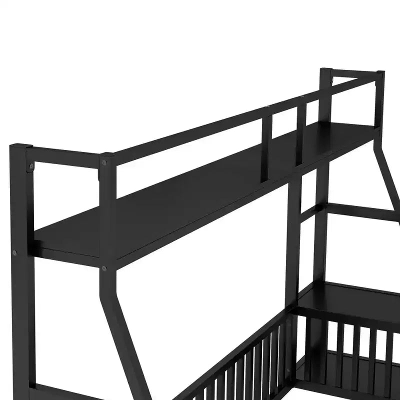 Okak Letto a soppalco in metallo, dimensioni singole/matrimoniali, letto studio con recinzione di sicurezza, scaffali portaoggetti e scrivania salvaspazio per camerette dei bambini