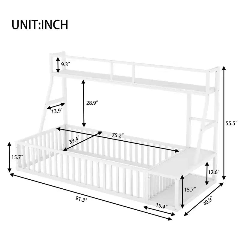 Okak Letto a soppalco in metallo, dimensioni singole/matrimoniali, letto studio con recinzione di sicurezza, scaffali portaoggetti e scrivania salvaspazio per camerette dei bambini
