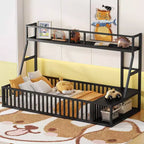 Okak Letto a soppalco in metallo, dimensioni singole/matrimoniali, letto studio con recinzione di sicurezza, scaffali portaoggetti e scrivania salvaspazio per camerette dei bambini