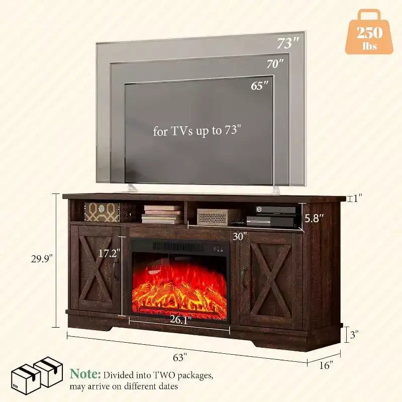 AMERLIFE Mobile TV 63" stile rustico con caminetto da 26", per TV fino a 73", per salotto