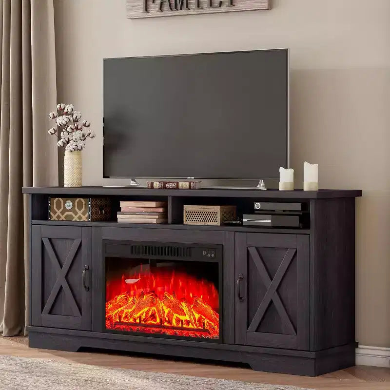 AMERLIFE Mobile TV 63" stile rustico con caminetto da 26", per TV fino a 73", per salotto