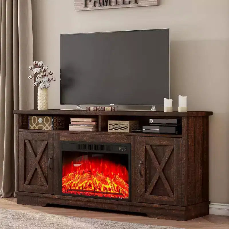 AMERLIFE Mobile TV 63" stile rustico con caminetto da 26", per TV fino a 73", per salotto