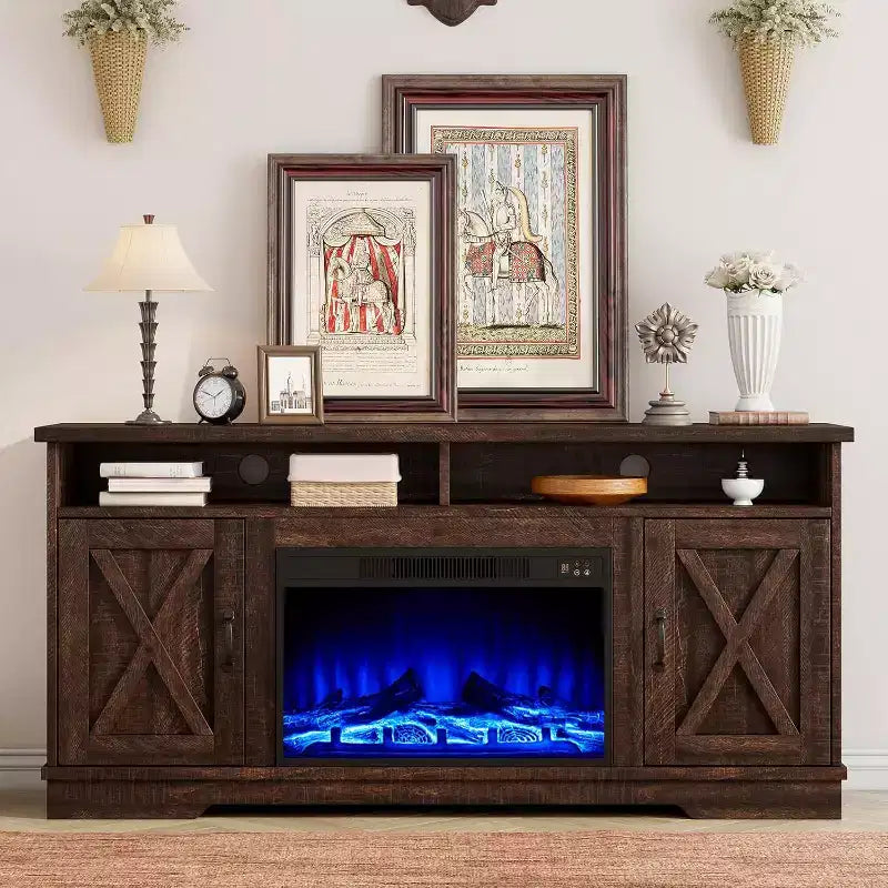 AMERLIFE Mobile TV 63" stile rustico con caminetto da 26", per TV fino a 73", per salotto