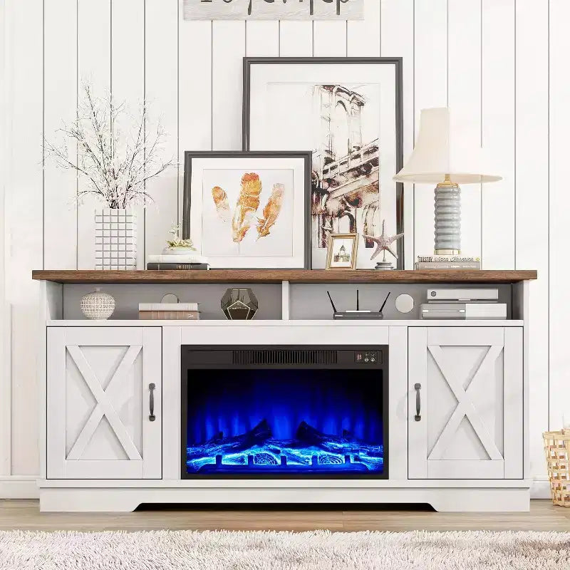 AMERLIFE Mobile TV 63" stile rustico con caminetto da 26", per TV fino a 73", per salotto