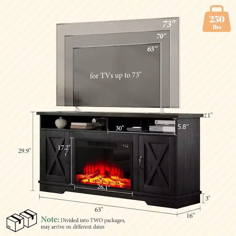 AMERLIFE Mobile TV 63" stile rustico con caminetto da 26", per TV fino a 73", per salotto