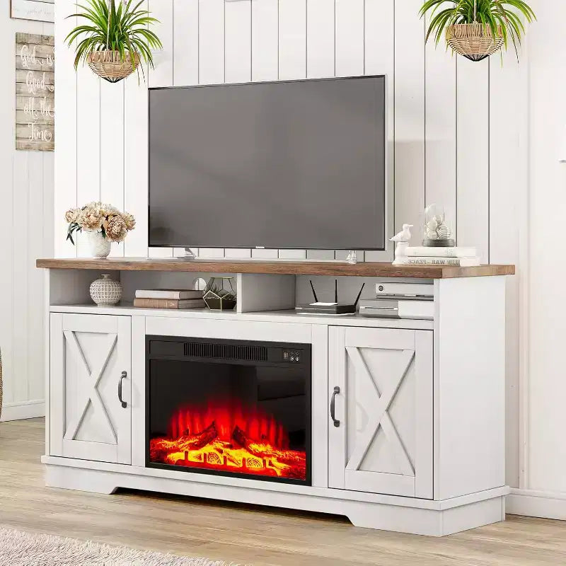 AMERLIFE Mobile TV 63" stile rustico con caminetto da 26", per TV fino a 73", per salotto