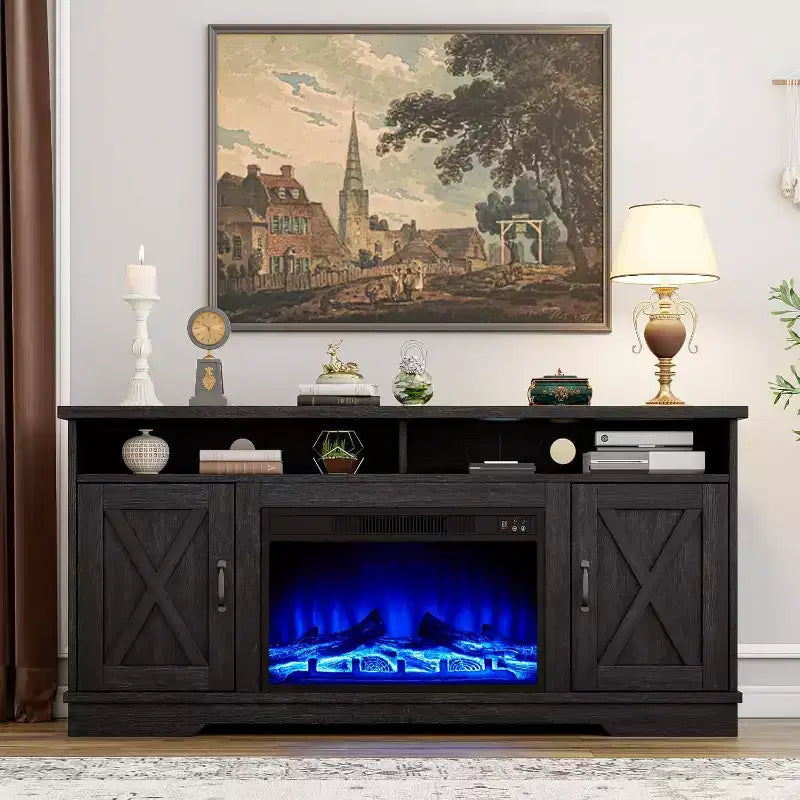 AMERLIFE Mobile TV 63" stile rustico con caminetto da 26", per TV fino a 73", per salotto