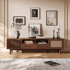 Modern 75 TV Stand with Soft-Closing Doors & Rattan Drawers, Stylish TV Cabinet with Drop-Down Storage, Farmhouse TV Consoles, Dark Brown - HABITRIO