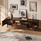 Mobile TV moderno da 75" con ante a chiusura ammortizzata e cassetti in rattan, elegante mobile TV con vano a ribalta, consolle TV in stile rustico, marrone scuro - HABITRIO