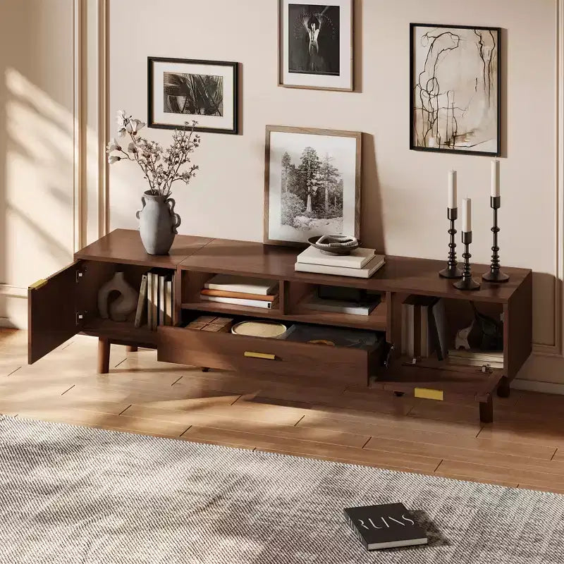 Mobile TV moderno da 75" con ante a chiusura ammortizzata e cassetti in rattan, elegante mobile TV con vano a ribalta, consolle TV in stile rustico, marrone scuro - HABITRIO