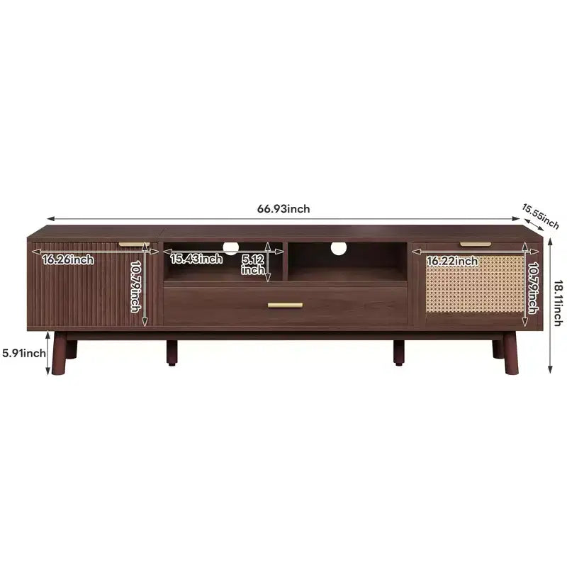 Mobile TV moderno da 75" con ante a chiusura ammortizzata e cassetti in rattan, elegante mobile TV con vano a ribalta, consolle TV in stile rustico, marrone scuro - HABITRIO