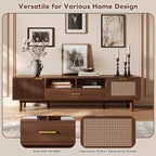 Mobile TV moderno da 75" con ante a chiusura ammortizzata e cassetti in rattan, elegante mobile TV con vano a ribalta, consolle TV in stile rustico, marrone scuro - HABITRIO