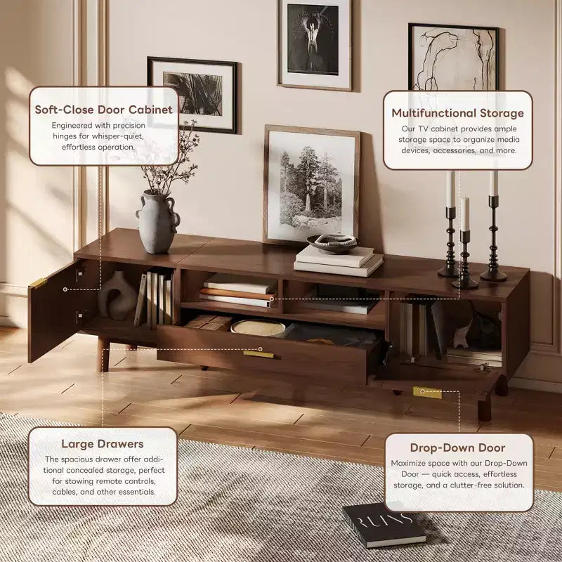 Mobile TV moderno da 75" con ante a chiusura ammortizzata e cassetti in rattan, elegante mobile TV con vano a ribalta, consolle TV in stile rustico, marrone scuro - HABITRIO