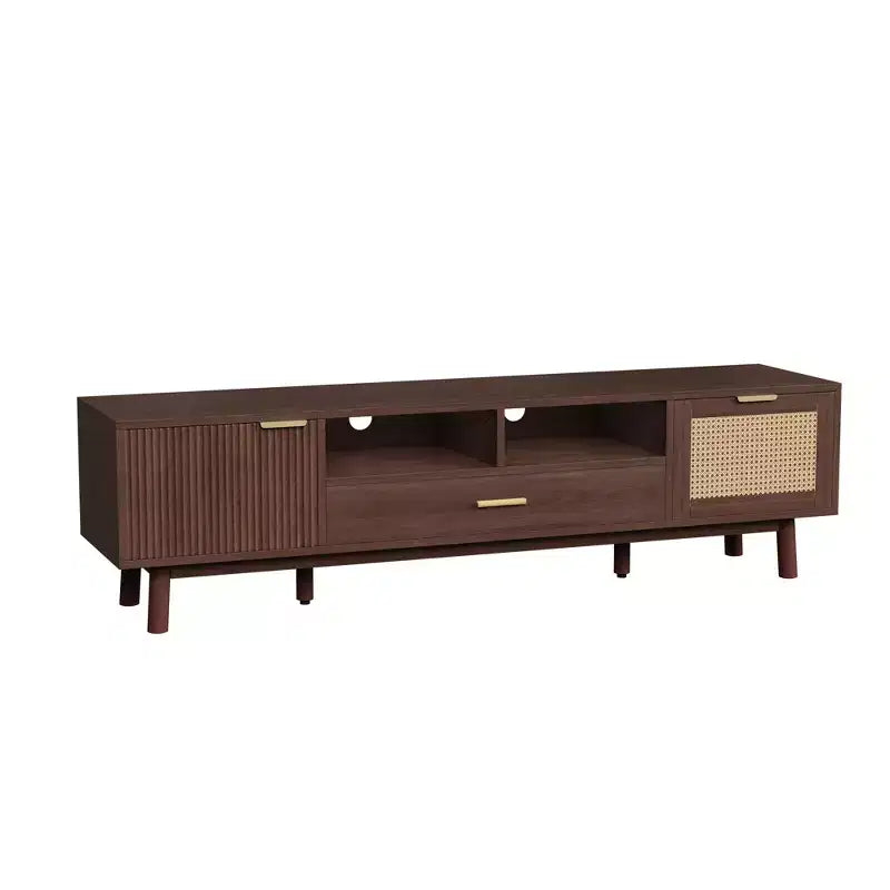 Mobile TV moderno da 75" con ante a chiusura ammortizzata e cassetti in rattan, elegante mobile TV con vano a ribalta, consolle TV in stile rustico, marrone scuro - HABITRIO