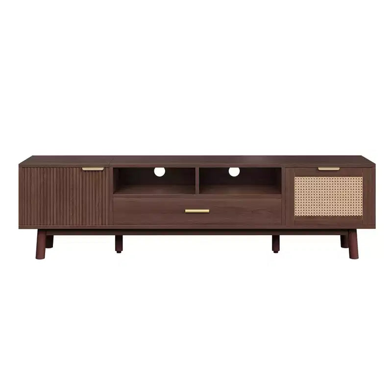 Mobile TV moderno da 75" con ante a chiusura ammortizzata e cassetti in rattan, elegante mobile TV con vano a ribalta, consolle TV in stile rustico, marrone scuro - HABITRIO