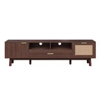 Mobile TV moderno da 75" con ante a chiusura ammortizzata e cassetti in rattan, elegante mobile TV con vano a ribalta, consolle TV in stile rustico, marrone scuro - HABITRIO