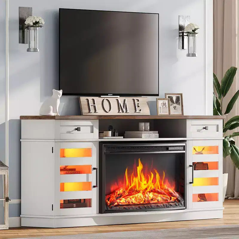 AMERLIFE 70 LED Curved Fireplace TV Stand with 36'' Electric Fireplace