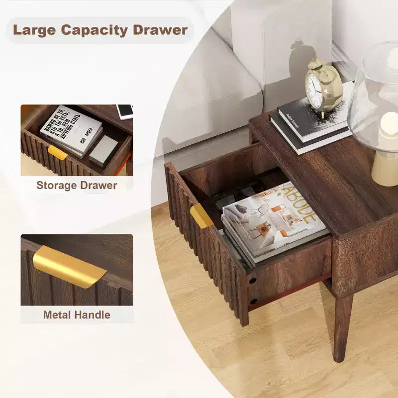 MUUEGM 18.7 comodino scanalato in noce | Tavolino moderno di metà secolo con cassetto contenitore per soggiorno e camera da letto, marrone scuro