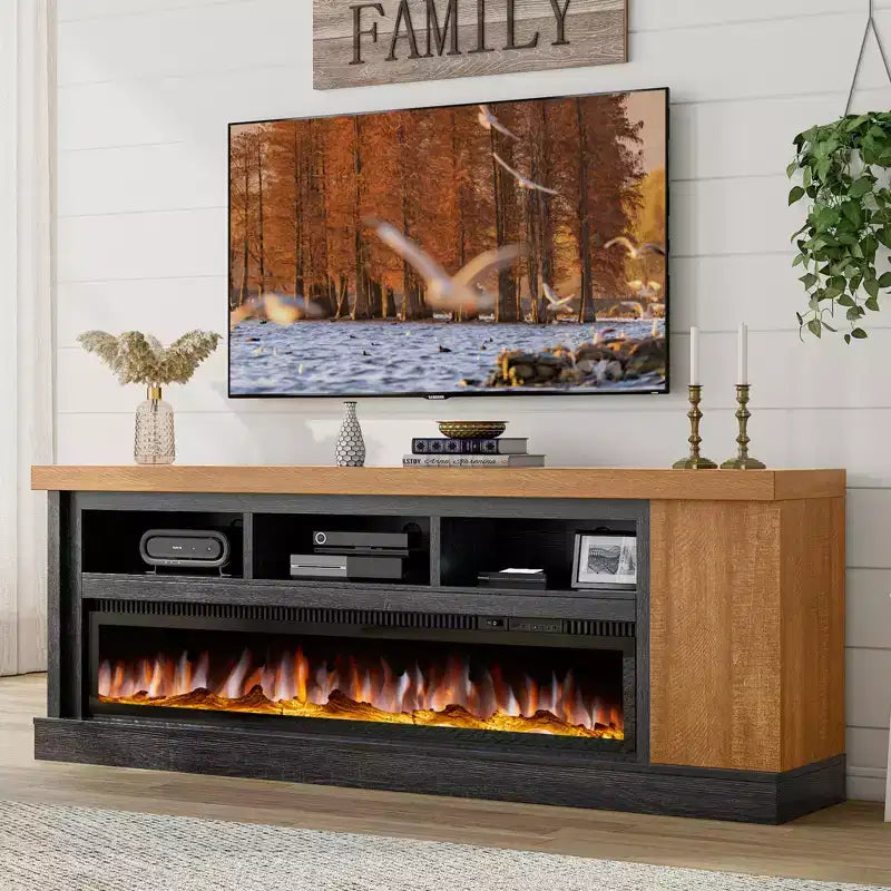 AMERLIFE 75 TV Stand with 60 Glass Electric Fireplace