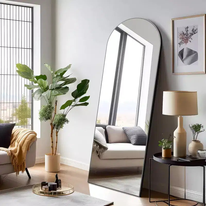 Specchio ad arco a figura intera, specchio da terra 71x31 con staffe, specchio a figura intera temperato e intaglio in legno rimovibile per camera da letto e soggiorno, nero