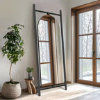 Specchio ad arco a figura intera, specchio da terra 71x31 con staffe, specchio a figura intera temperato e intaglio in legno rimovibile per camera da letto e soggiorno, nero