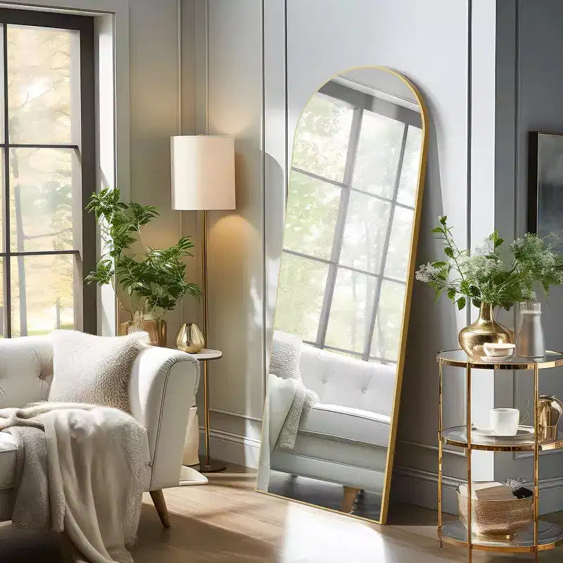 Specchio ad arco a figura intera, specchio da terra 71x31 con staffe, specchio a figura intera temperato e intaglio in legno rimovibile per camera da letto e soggiorno, nero
