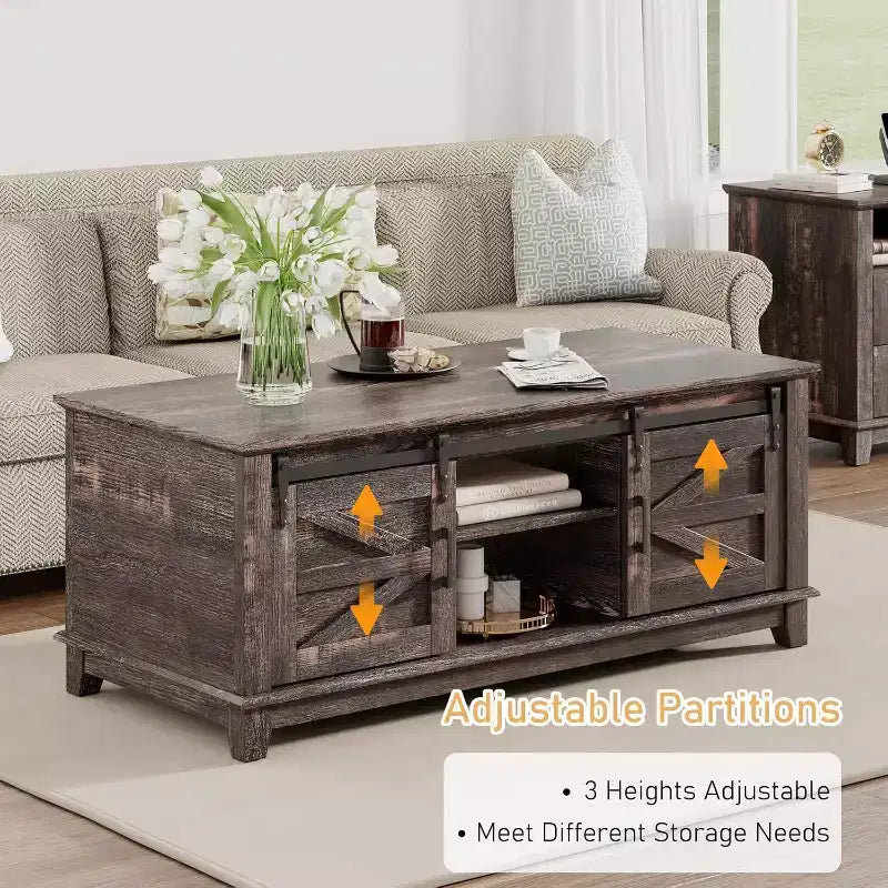 Tavolino da caffè AMERLIFE in stile rustico con ante scorrevoli a fienile e mobiletto contenitore