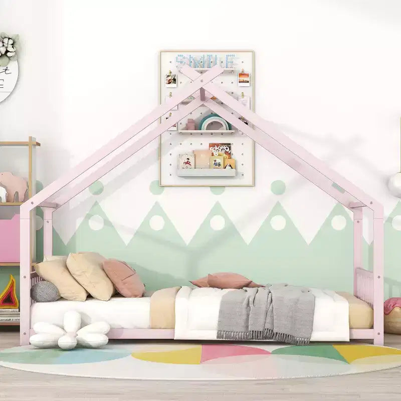Okak Letto a Piattaforma Matrimoniale con Cassetti, Letto Matrimoniale per Bambini, Letto a Piattaforma in Metallo a Forma di Casa con Rotelle Estraibili, Rosa