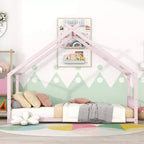 Okak Letto a Piattaforma Matrimoniale con Cassetti, Letto Matrimoniale per Bambini, Letto a Piattaforma in Metallo a Forma di Casa con Rotelle Estraibili, Rosa