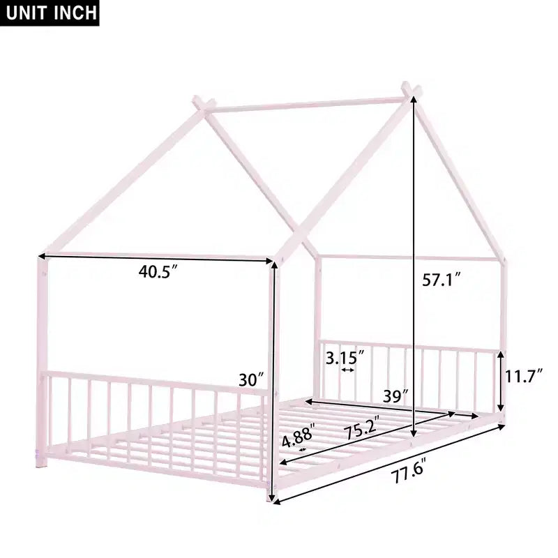 Okak Letto a Piattaforma Matrimoniale con Cassetti, Letto Matrimoniale per Bambini, Letto a Piattaforma in Metallo a Forma di Casa con Rotelle Estraibili, Rosa