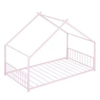 Okak Letto a Piattaforma Matrimoniale con Cassetti, Letto Matrimoniale per Bambini, Letto a Piattaforma in Metallo a Forma di Casa con Rotelle Estraibili, Rosa